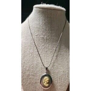 Vintage Cameo Oval Locket Pendant Silver Tone 16" Chain From Korea Resin Lady